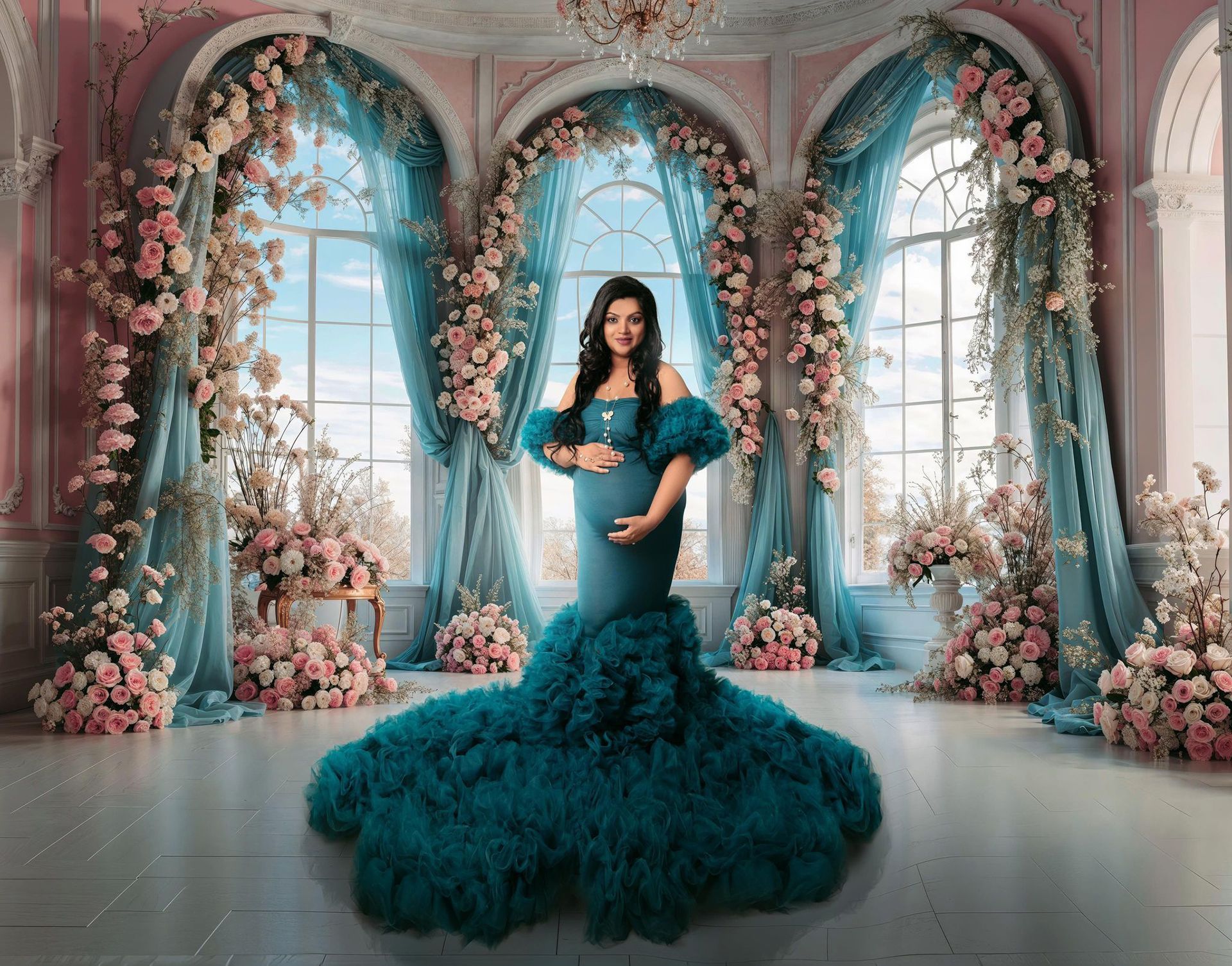 A pregnant woman in a long gown is standing in a room with flowers