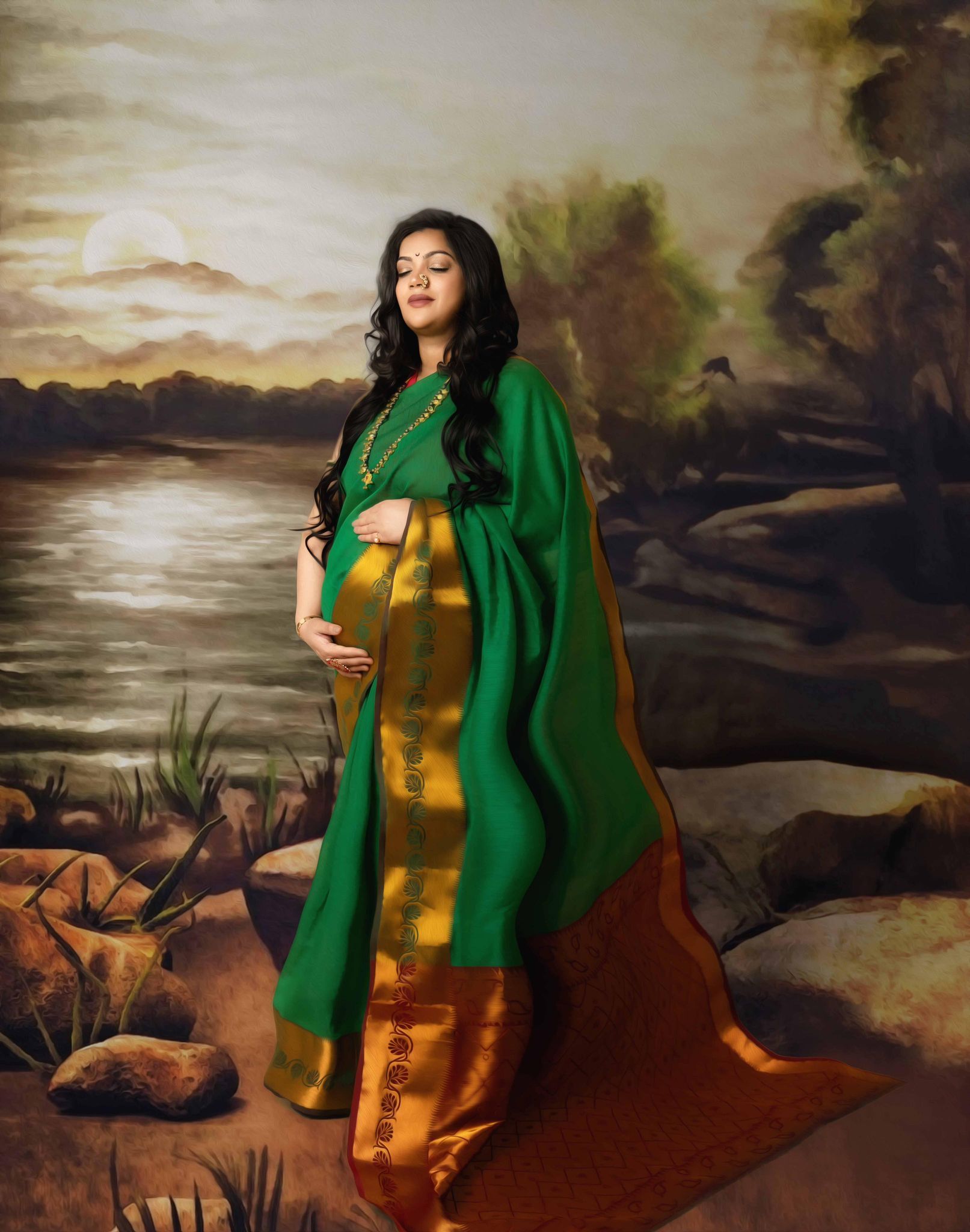 A pregnant woman in a green and gold saree