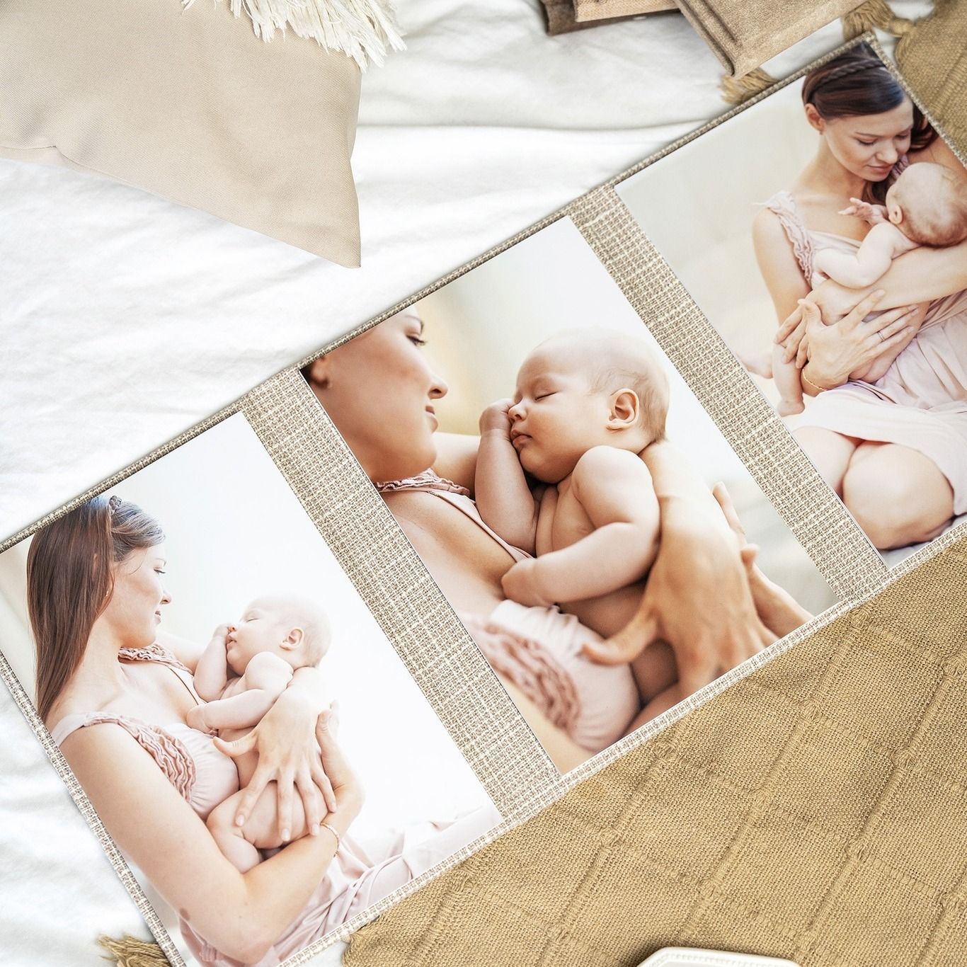 Three pictures of a woman holding a baby
