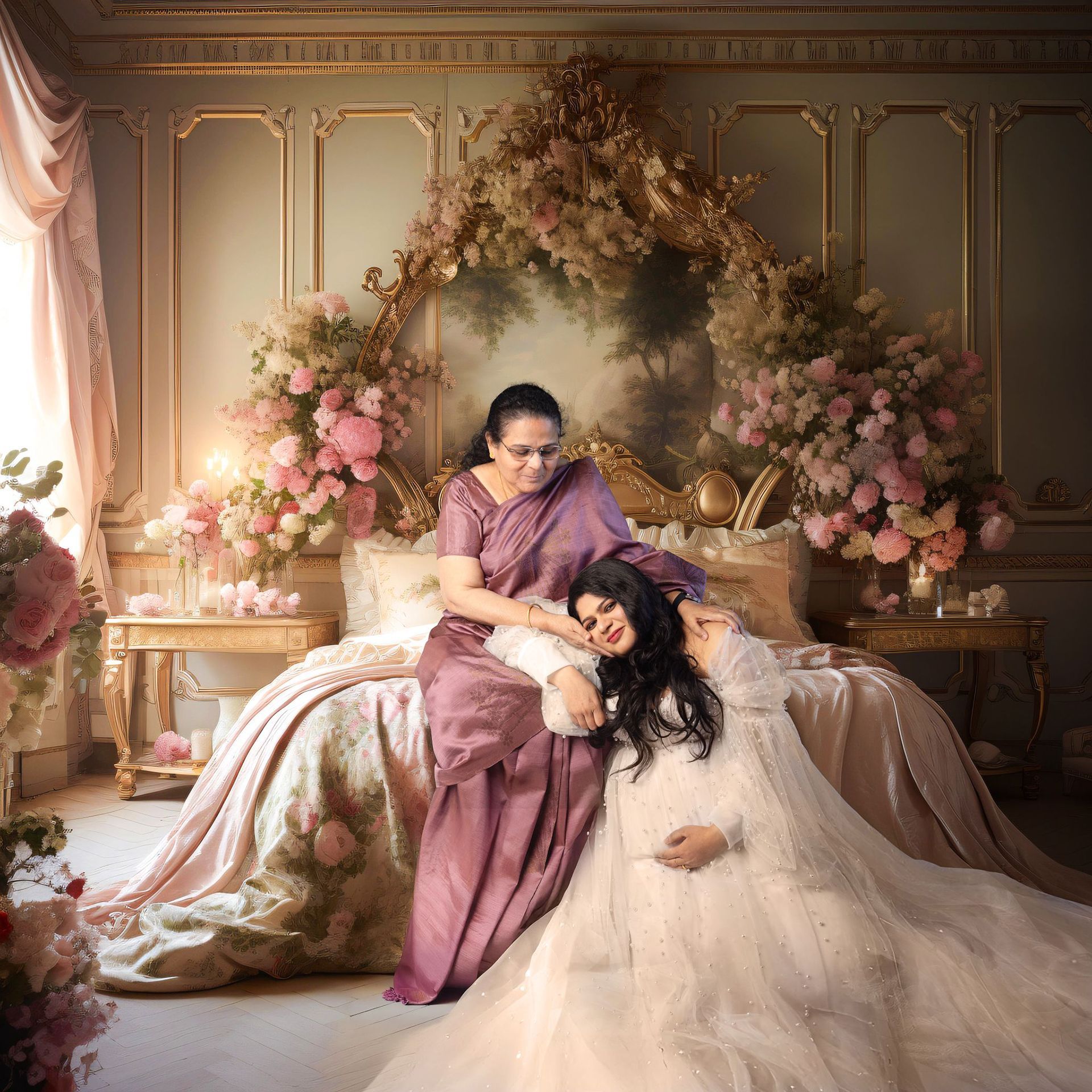 A mother and daughter are sitting on a bed with flowers in the background