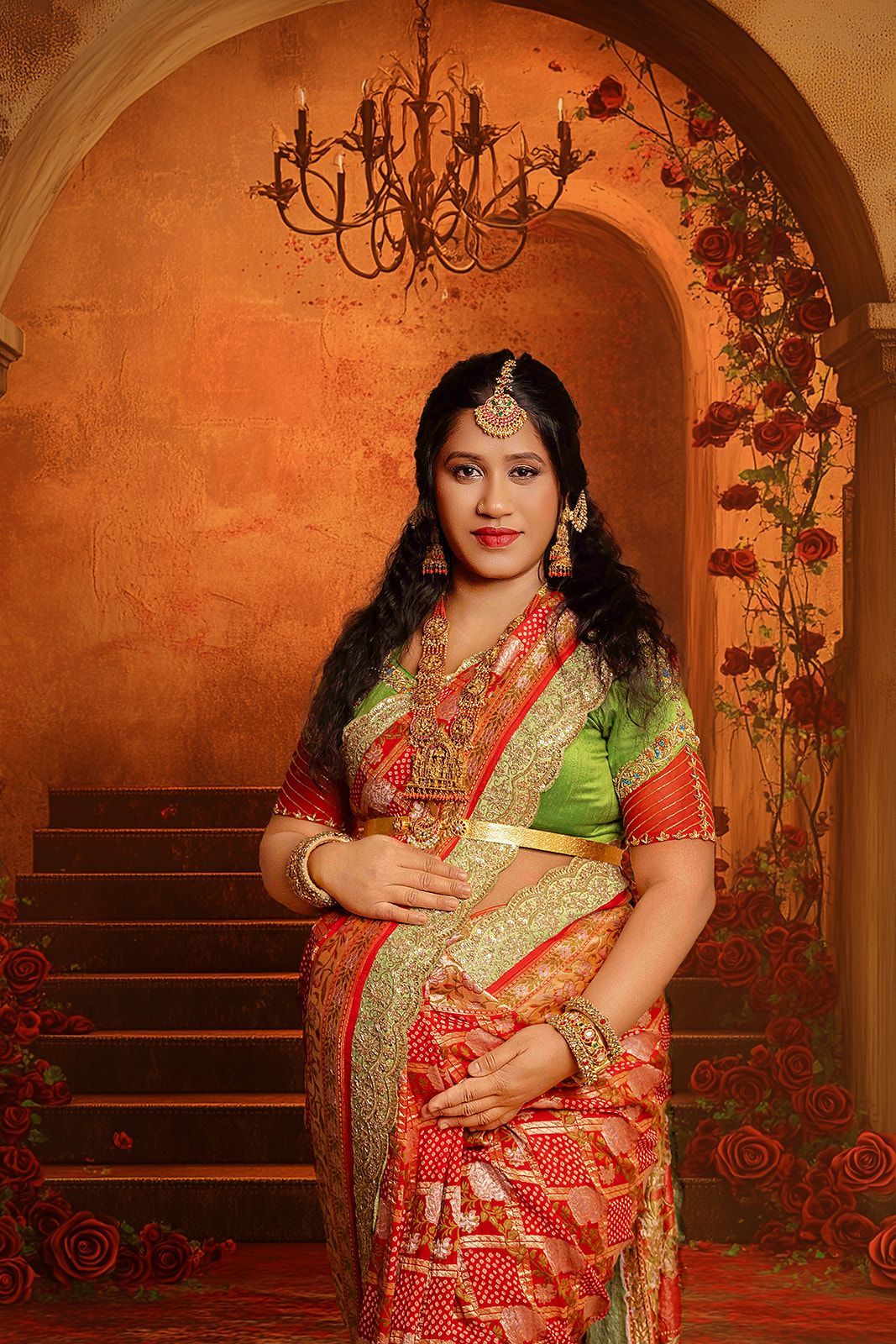 A woman in a red and gold saree is standing in front of a chandelier.