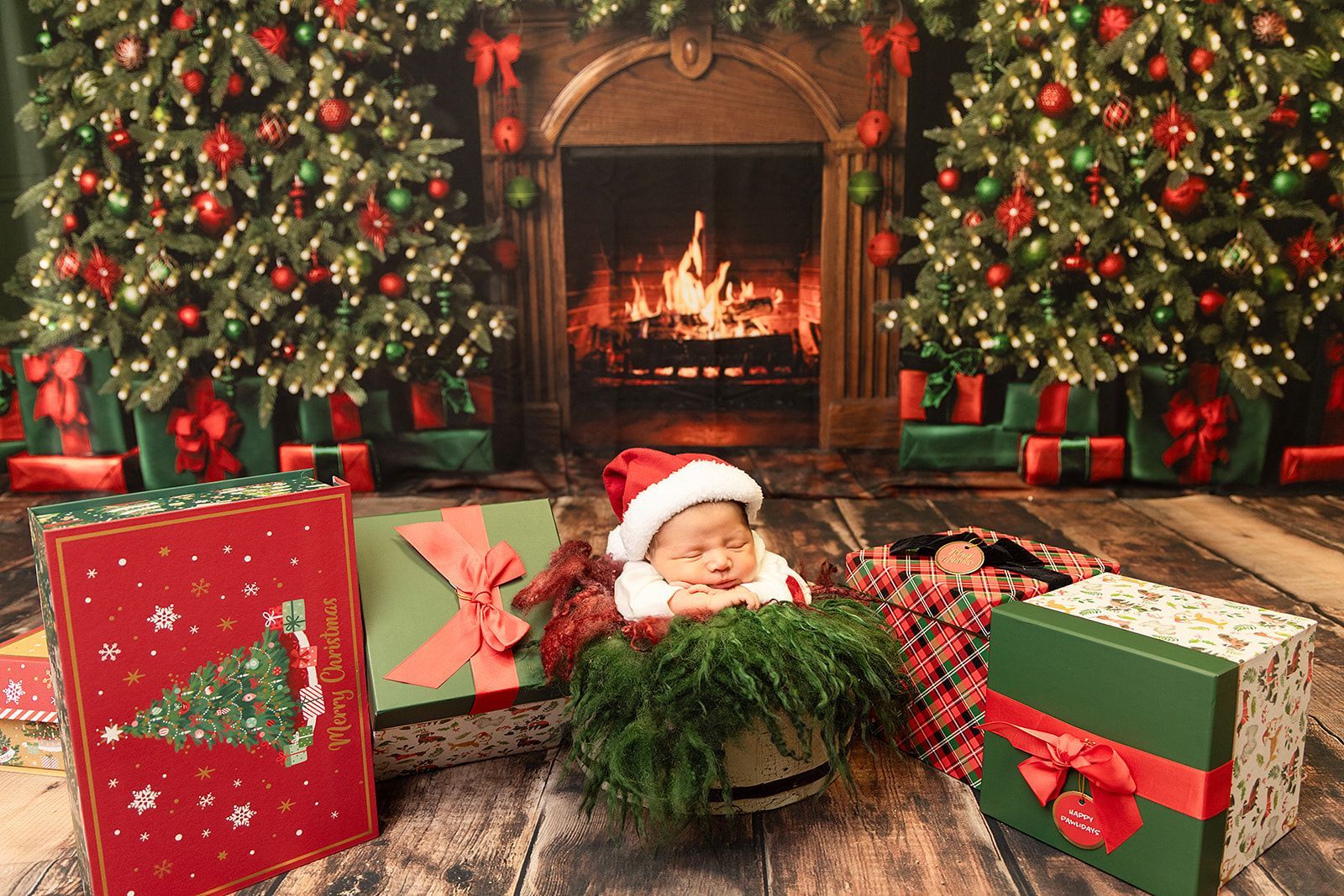 A newborn baby is laying in a basket in front of a fireplace with Christmas trees in the background