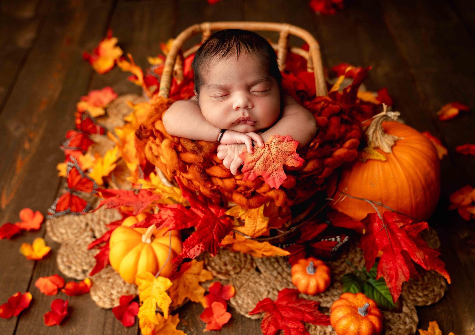 A newborn baby is sleeping in a basket surrounded by pumpkins and leaves