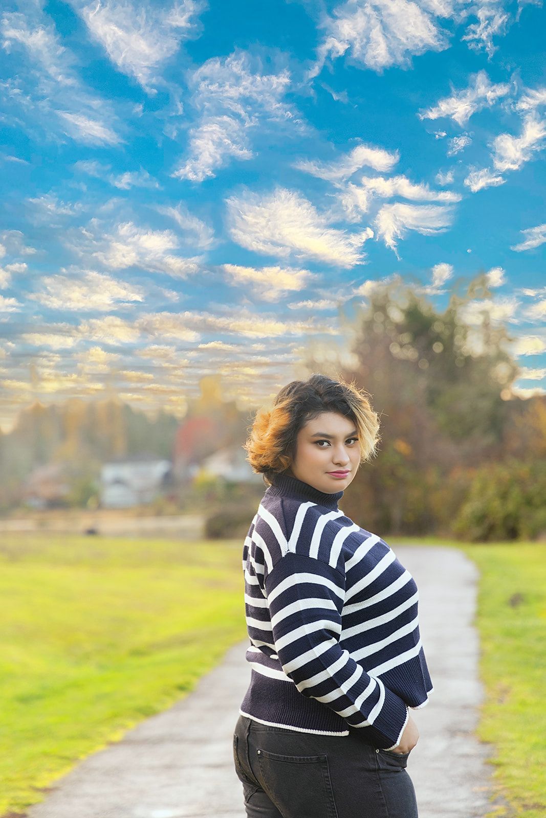 A woman in a striped sweater