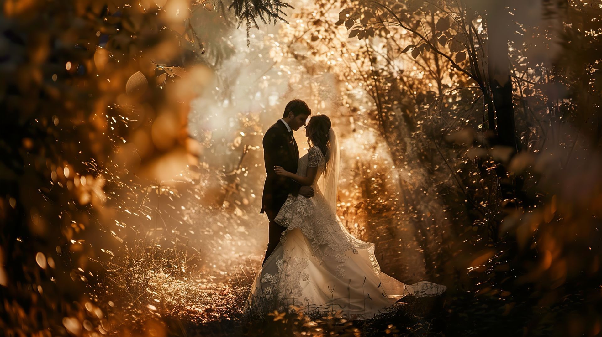 A bride and groom are standing next to each other in a forest
