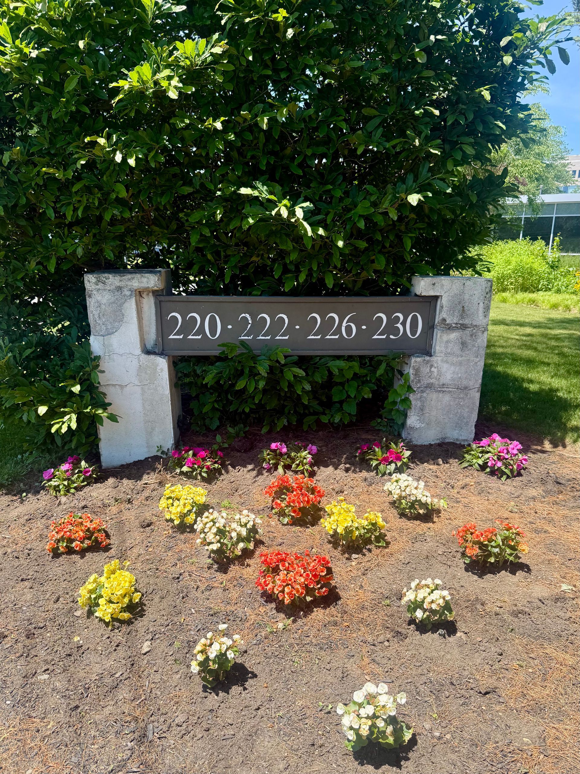 Landscaped stone sign reading “220-222-226-230” surrounded by colorful flowers and greenery