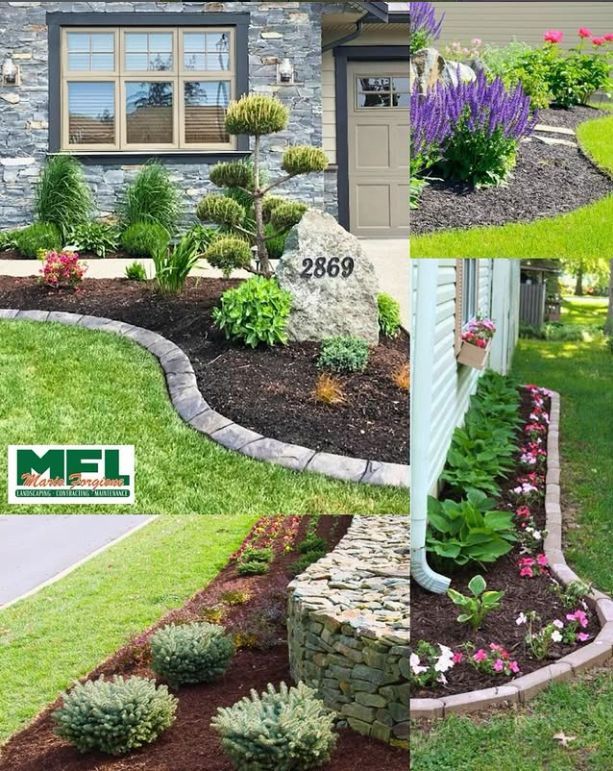 Landscaping examples: flowerbeds, mulched areas, stone edging, green grass, colorful plants, well-manicured.