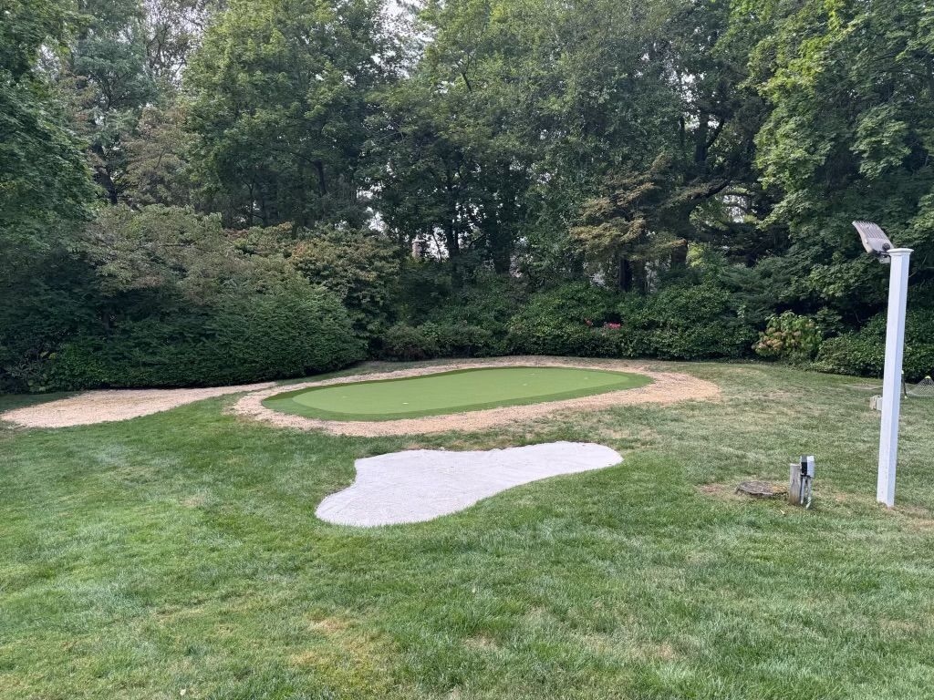 Grassy park with a sand bunker, small putting green, and white light pole beside dense trees.