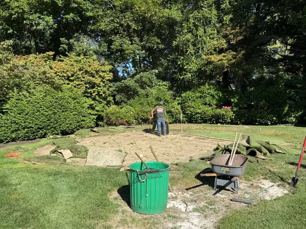 Person standing in a grassy yard beside a dirt area, with a green bin and wheelbarrow nearby