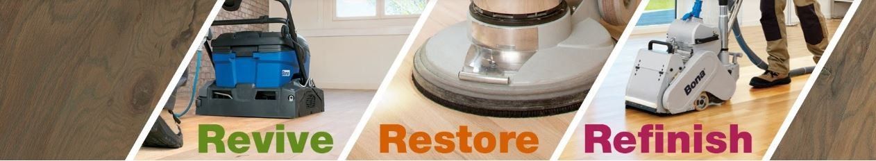 Floor care process: Revive, Restore, Refinish; showing cleaning machines and stages of hardwood floor treatment.