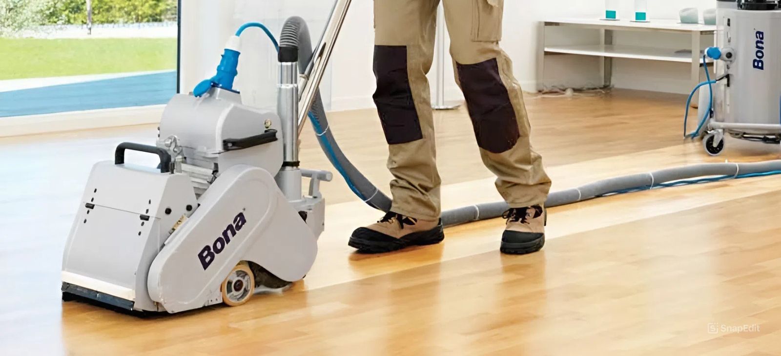 A person sanding a wooden floor with an industrial floor sander in a well-lit room.