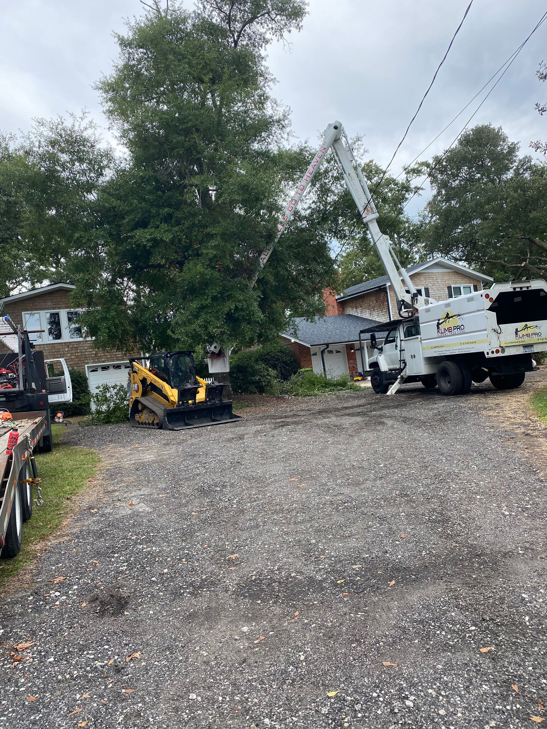 A crane is cutting down a tree in front of a house.