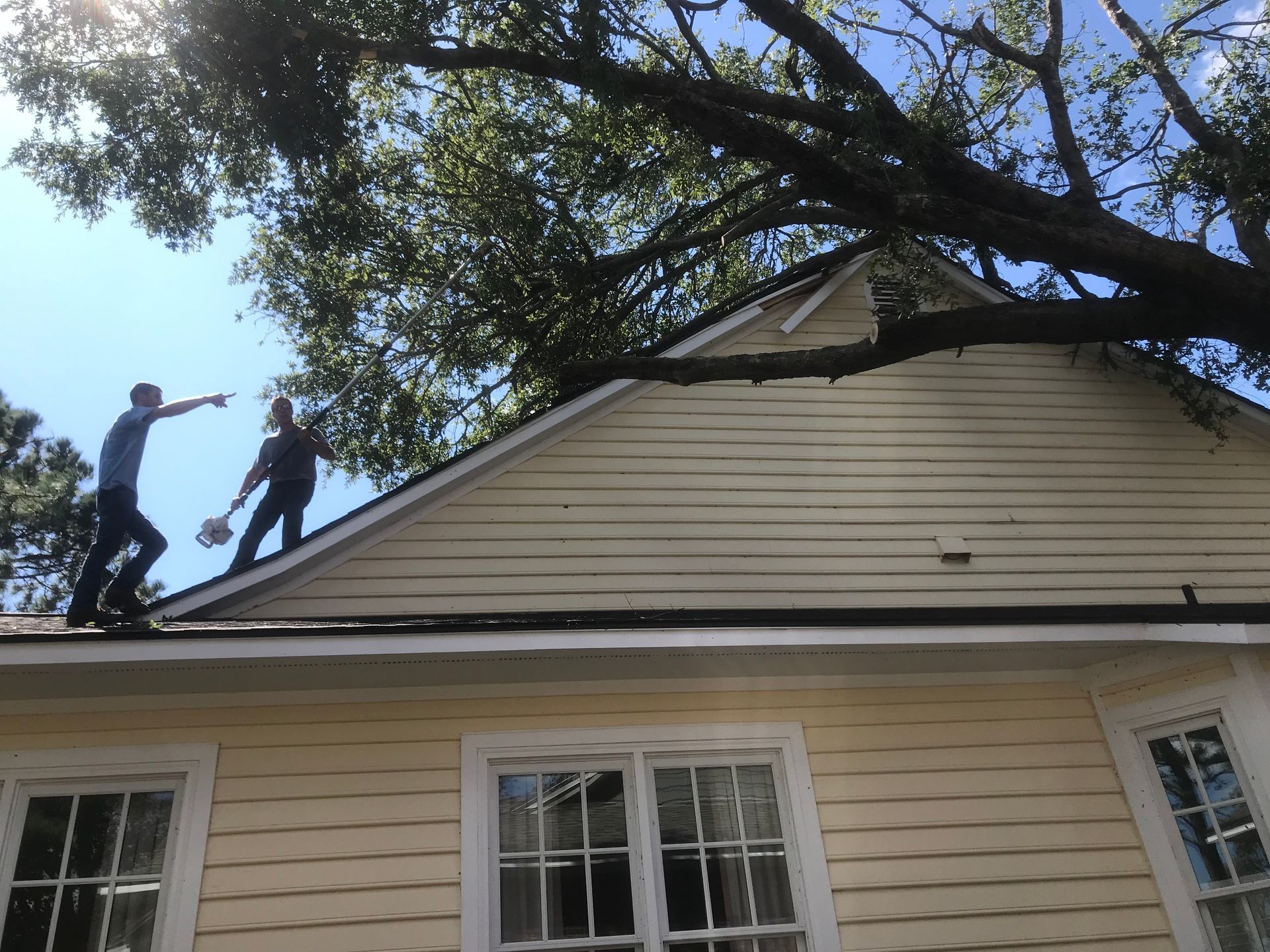 Two people are standing on the roof of a house.