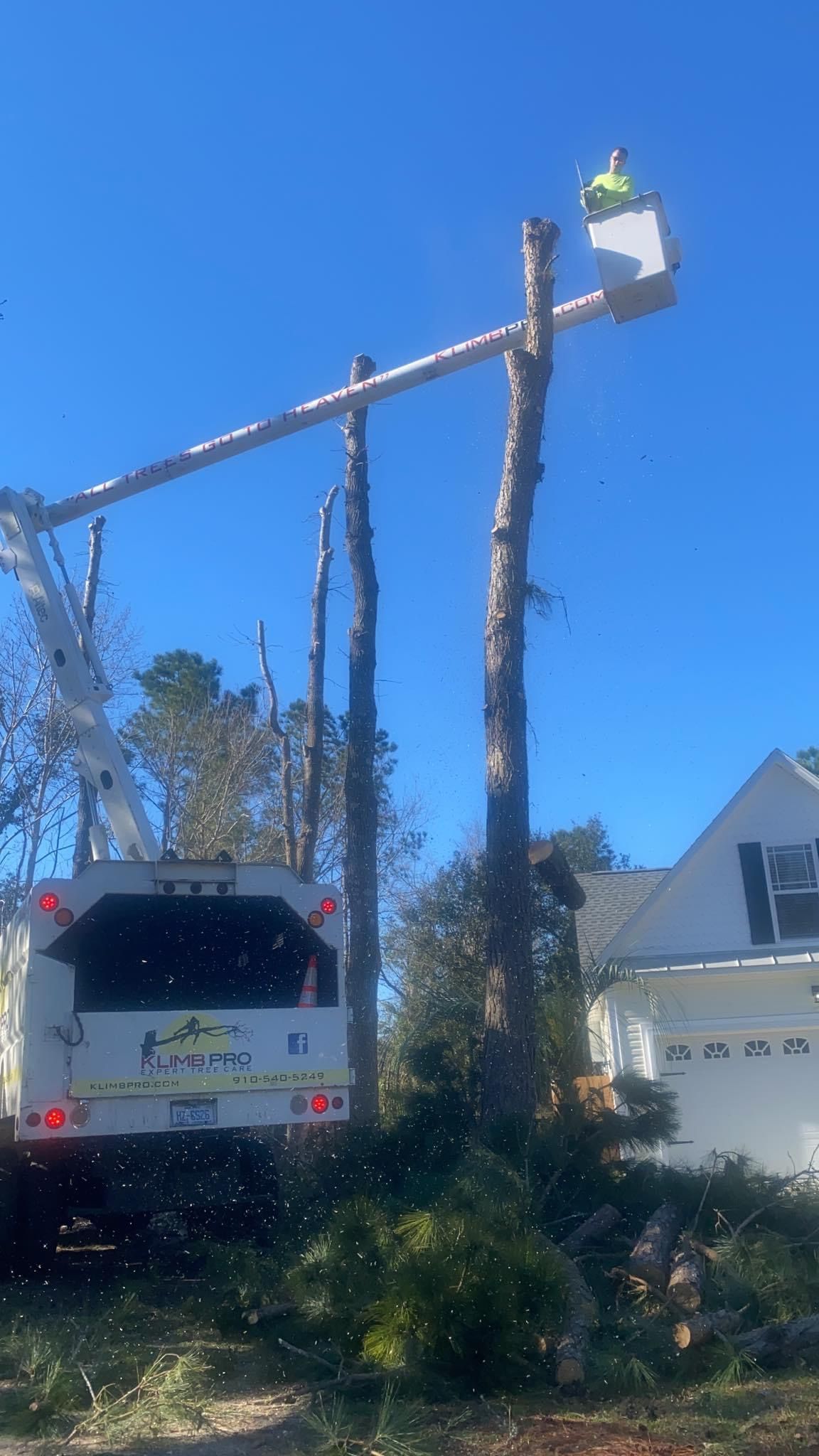 A tree cutting truck is cutting a tree in front of a house.