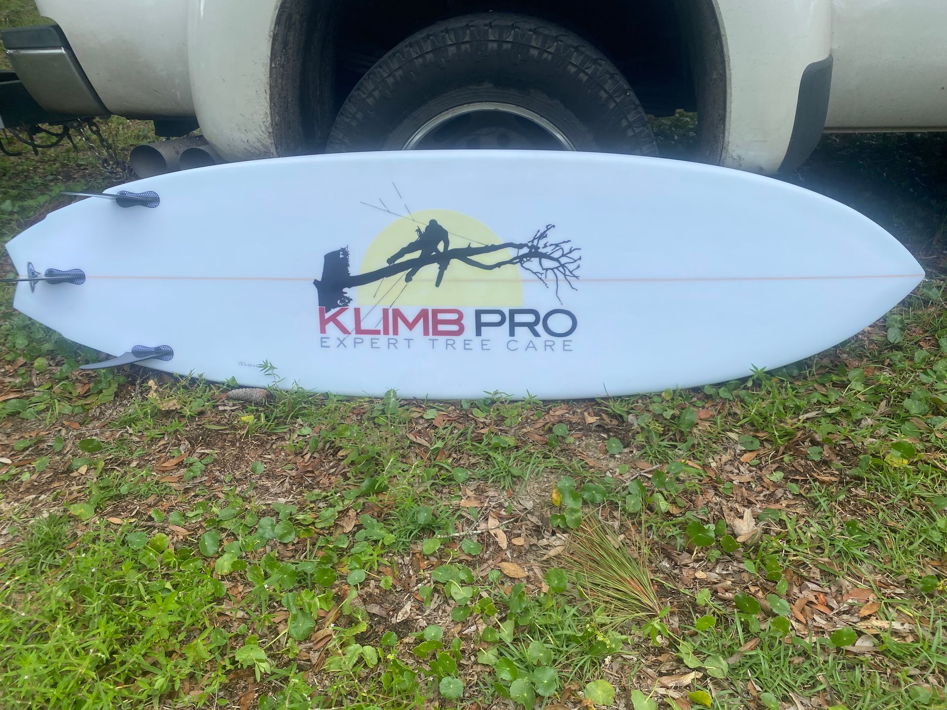 A white surfboard is sitting in the grass next to a white truck.