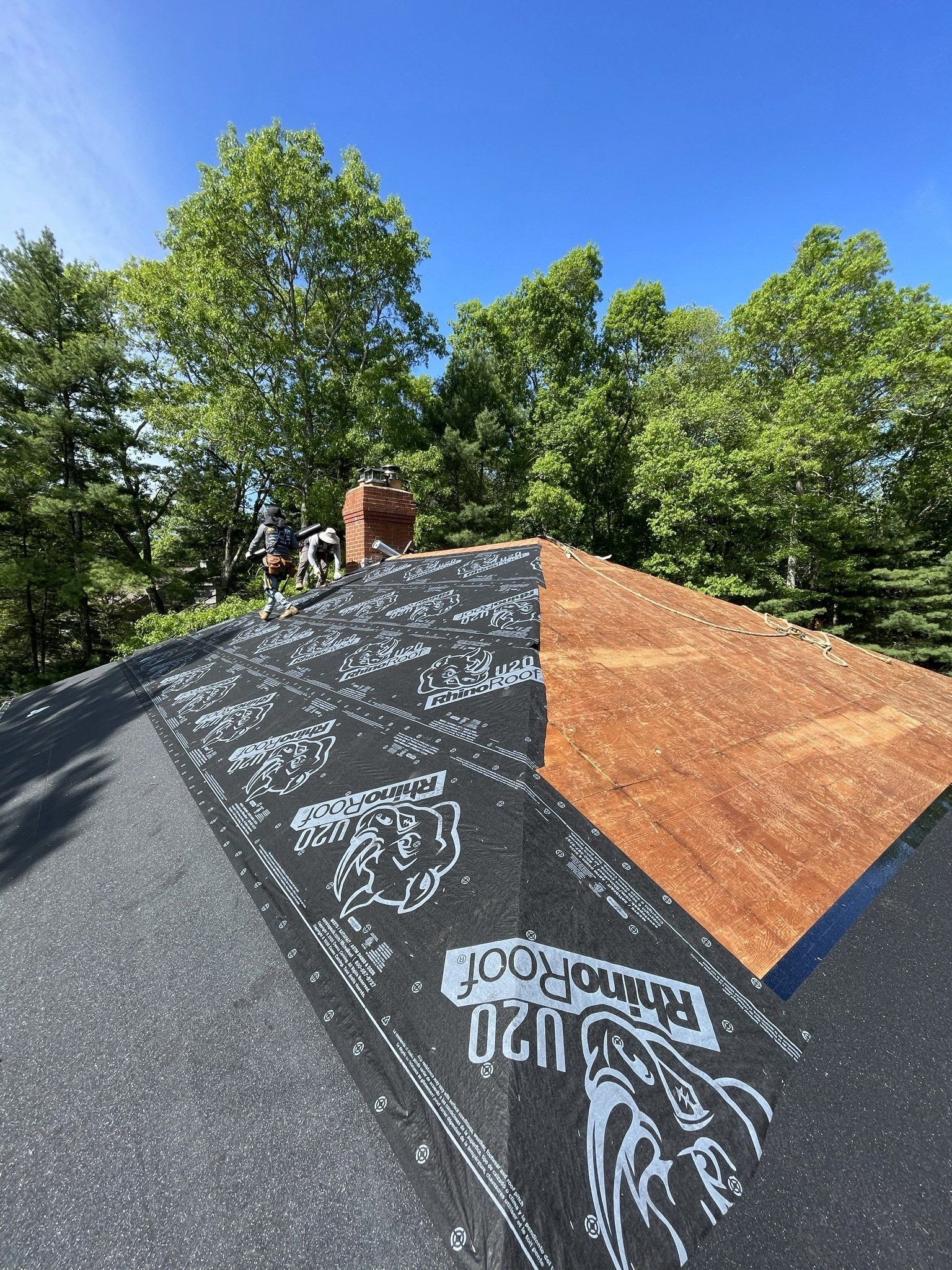 Roofers installing shingles on a house roof, with a chimney, trees, and blue sky.