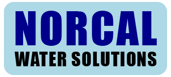 Logo for Norcal Water Solutions in blue text over black text on a light blue rounded rectangle.