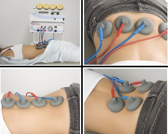A woman is laying on her stomach with a machine on her back