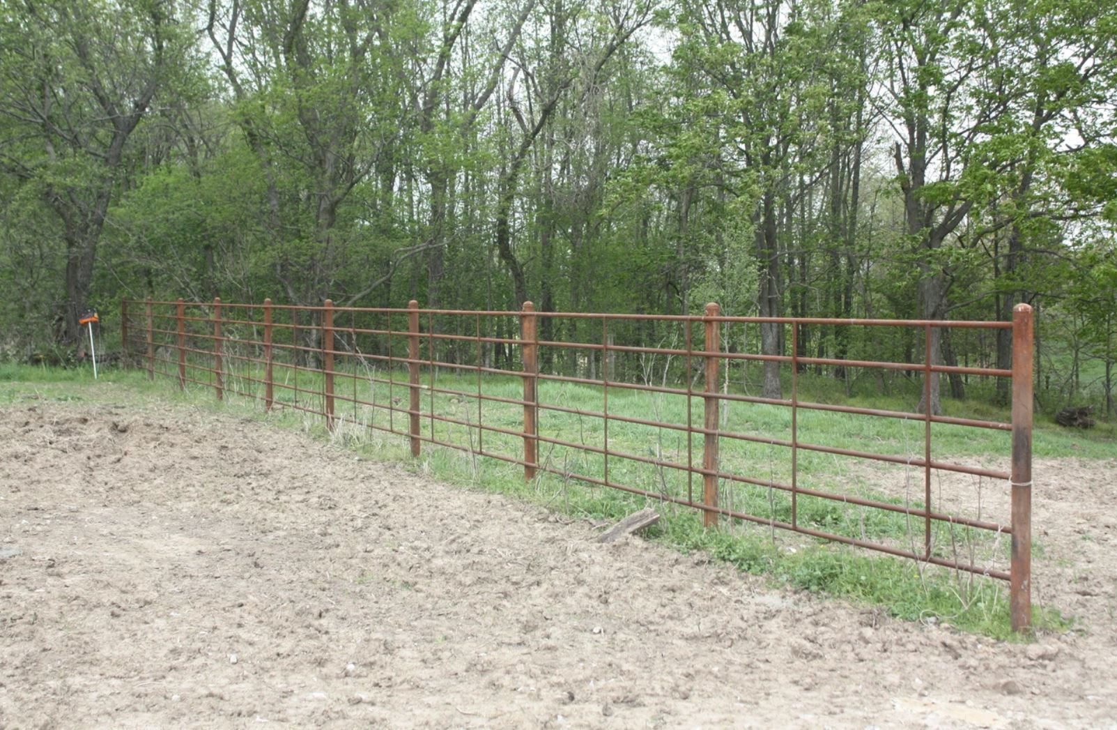 A rusty metal fence surrounds a dirt field with trees in the background.