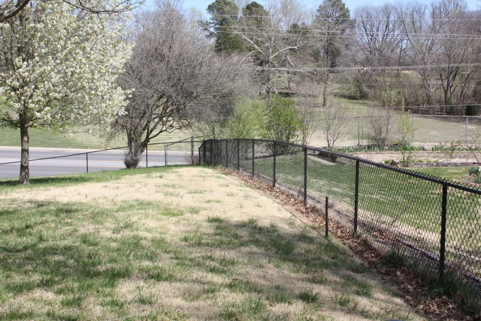 A chain link fence surrounds a lush green field.