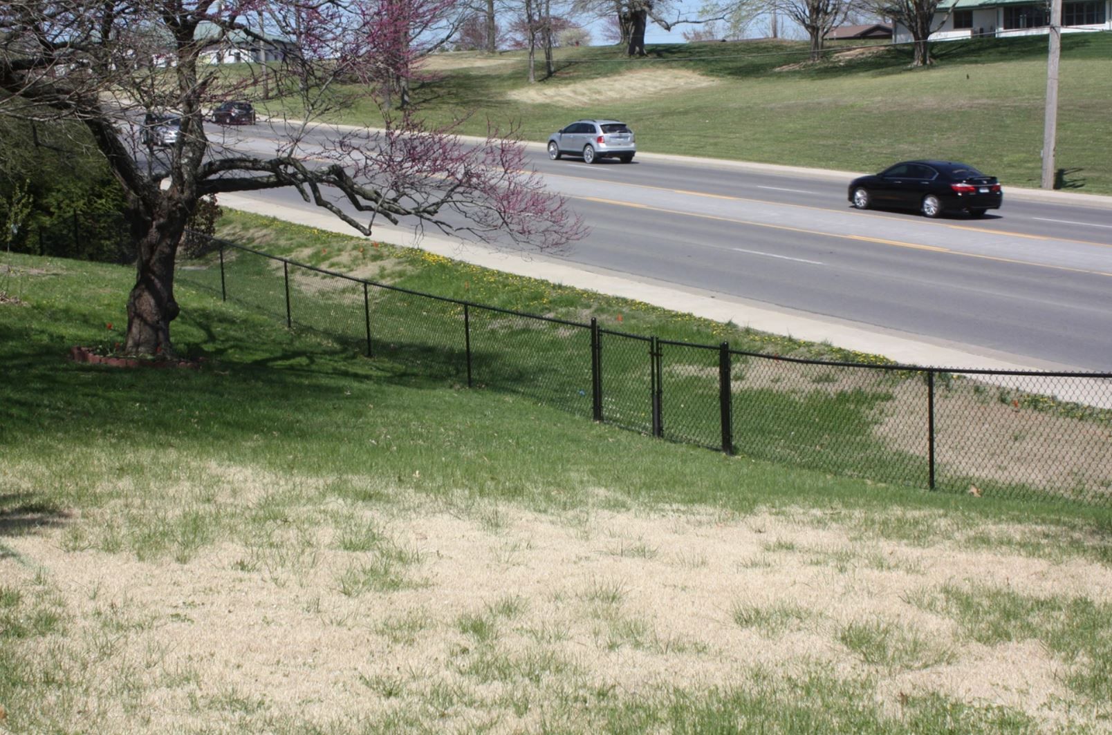 A car is driving down a road next to a fence.
