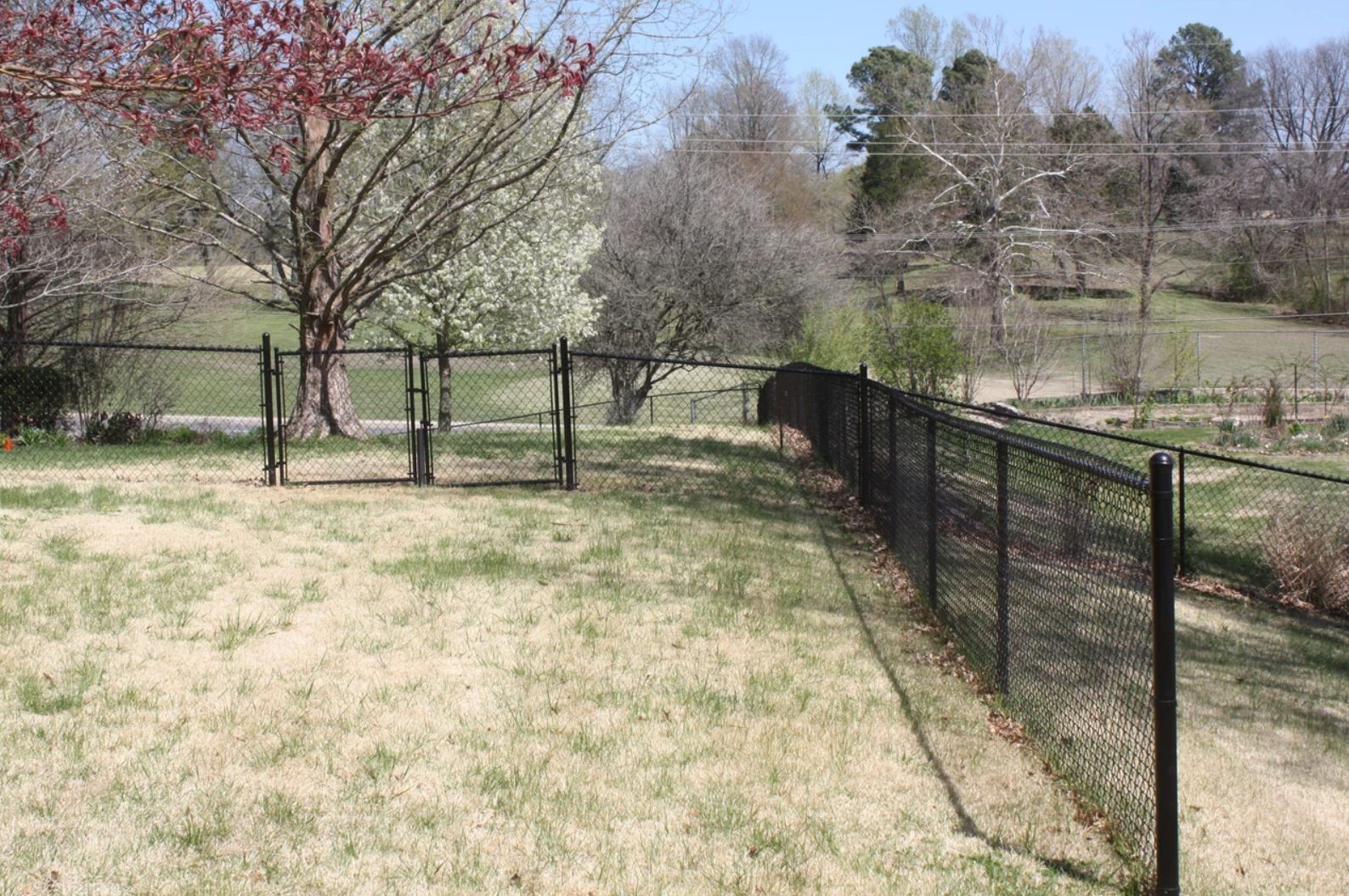 A black chain link fence surrounds a lush green field.