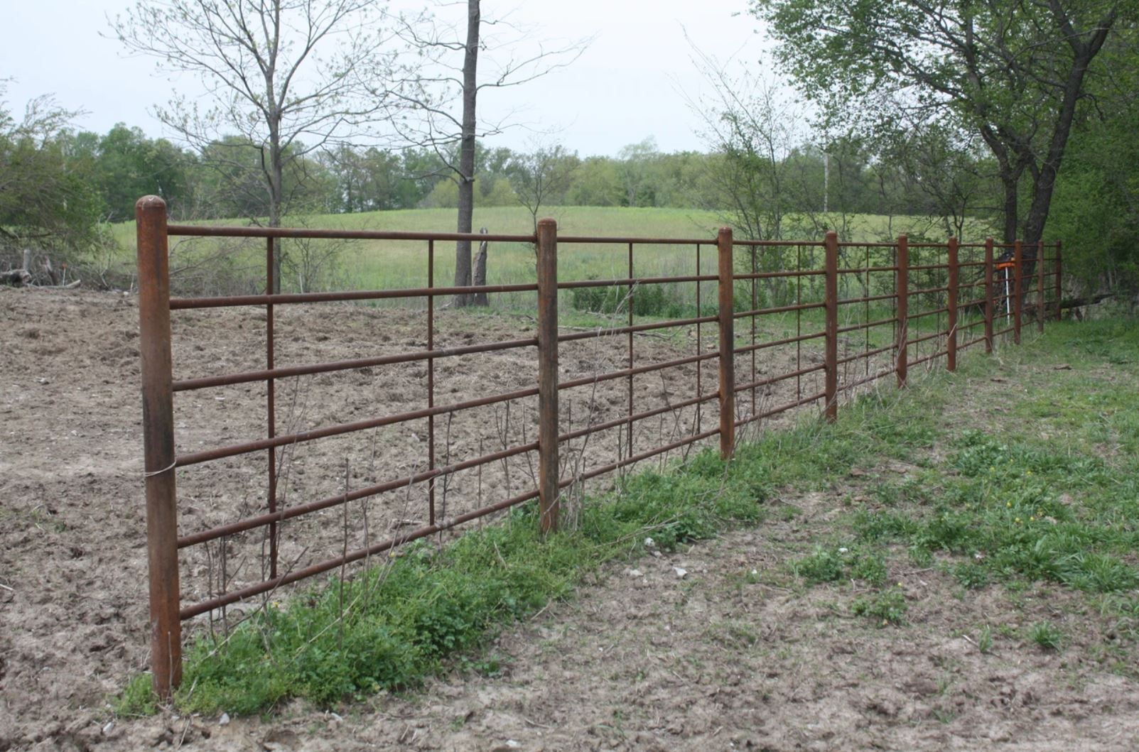 A rusty metal fence surrounds a dirt field with trees in the background.