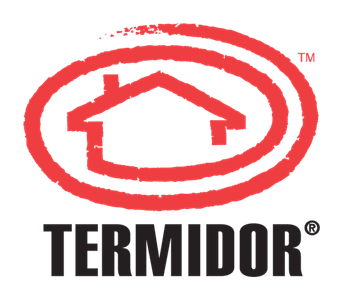 Red logo of a house within an oval, with the word 