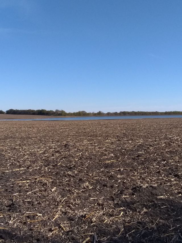 a large field with a body of water in the background .