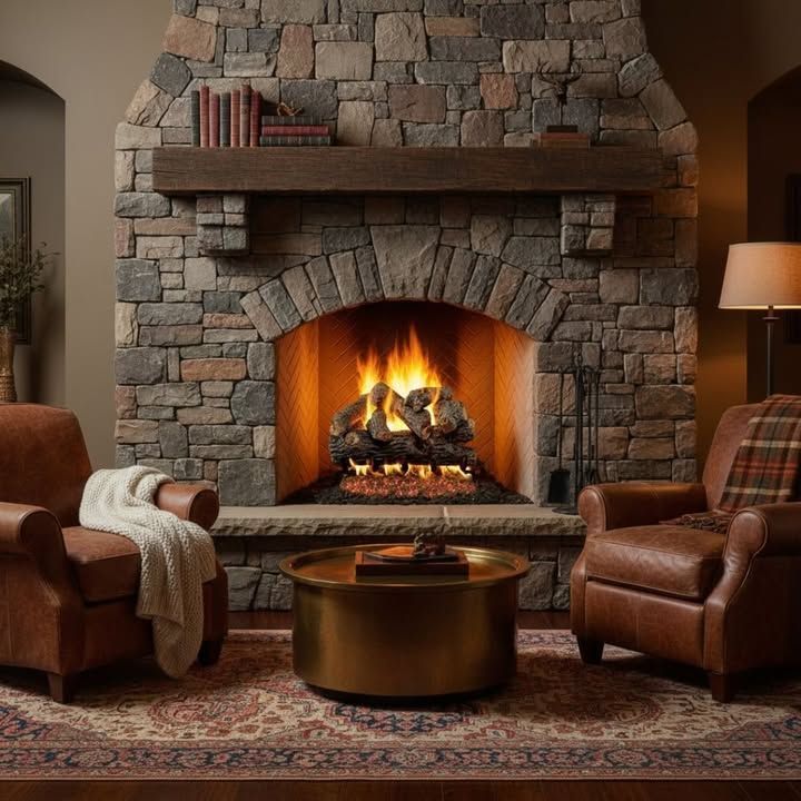 Cozy living room with a stone fireplace, burning fire, leather chairs, and a round coffee table.