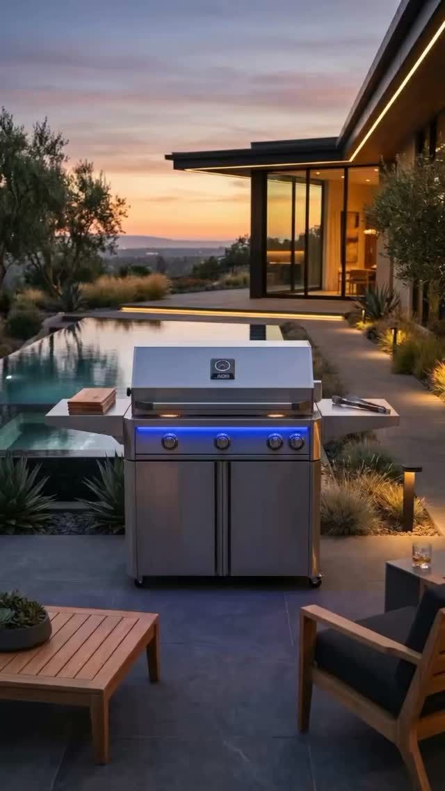 Modern patio with lit built-in grill, pool, and sunset view beside a contemporary house
