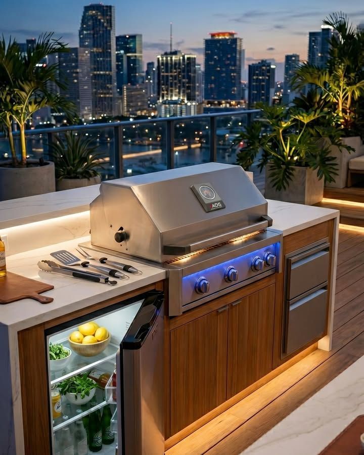 Modern outdoor kitchen with stainless steel grill, wood cabinets, and city skyline at dusk