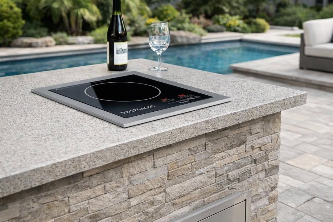 Outdoor kitchen counter with built-in black grill beside a pool, with a wine bottle and glass on top