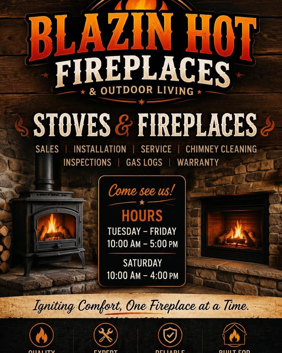 Blazin Hot Fireplaces ad with two lit fireplaces and orange-brown rustic text for stove, fireplace, and chimney services