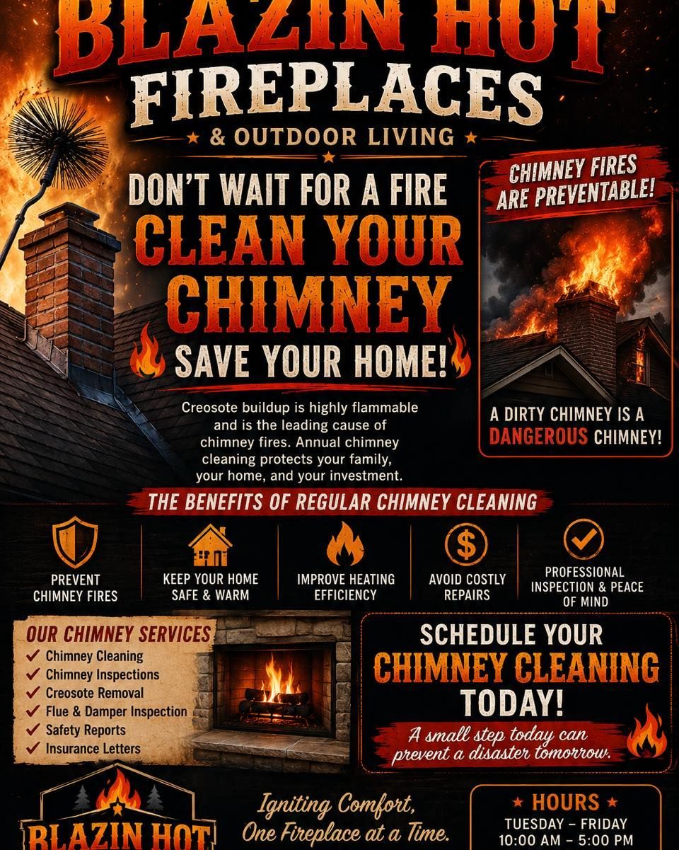 Blazin Hot Fireplace ad with bold orange text urging chimney cleaning, home safety, and scheduling service.
