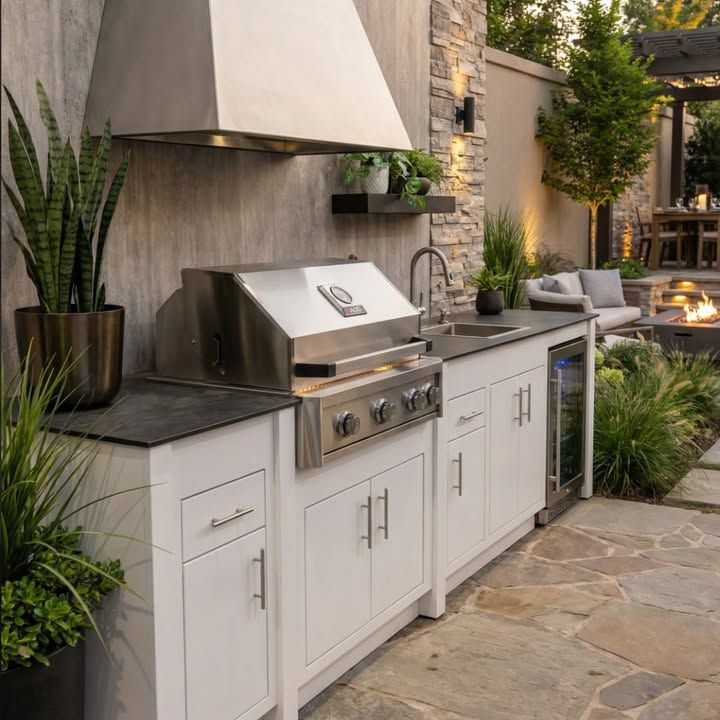 Modern outdoor kitchen with stainless grill, white cabinets, and stone patio surrounded by greenery