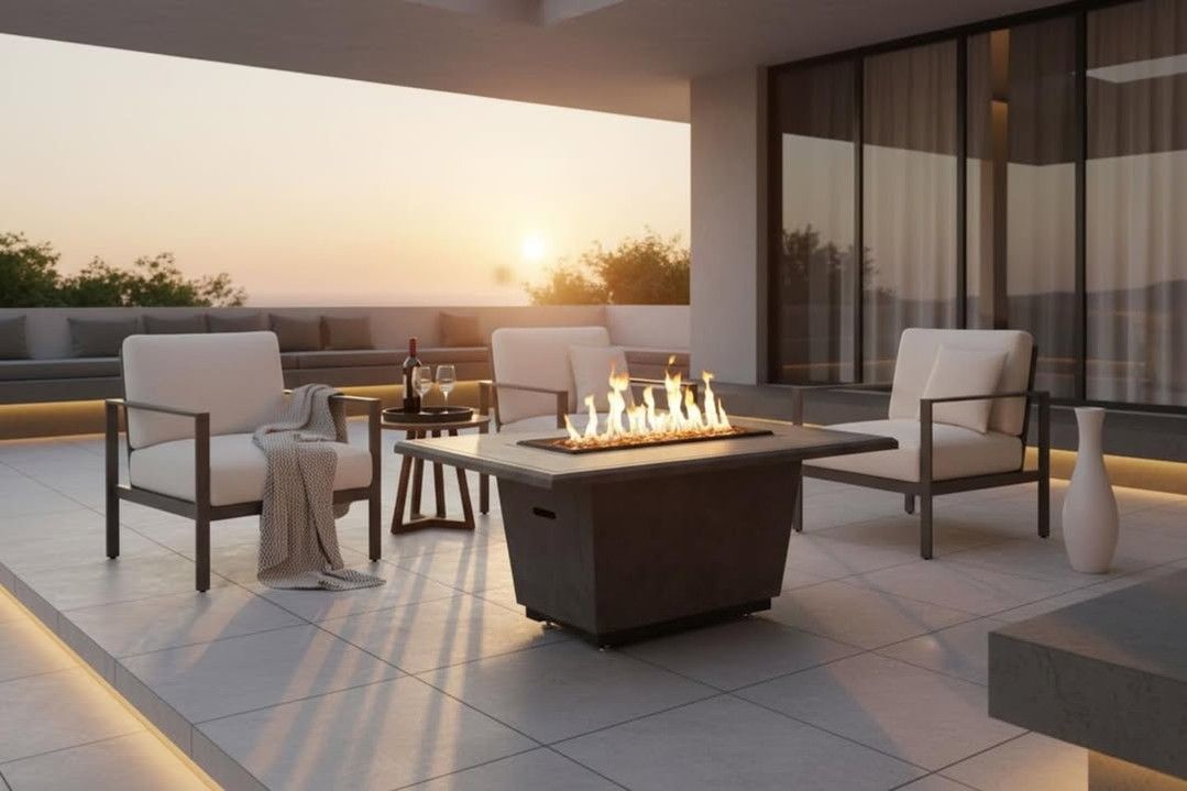 Modern rooftop patio at sunset with lounge chairs, a fire pit, and glass doors opening to a room