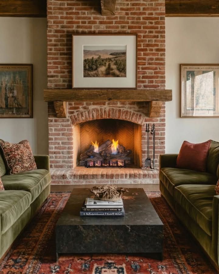 Cozy living room with brick fireplace, green sofas, and a dark coffee table