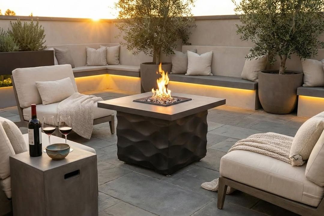Modern patio lounge with fire pit, cushioned seating, and warm sunset lighting