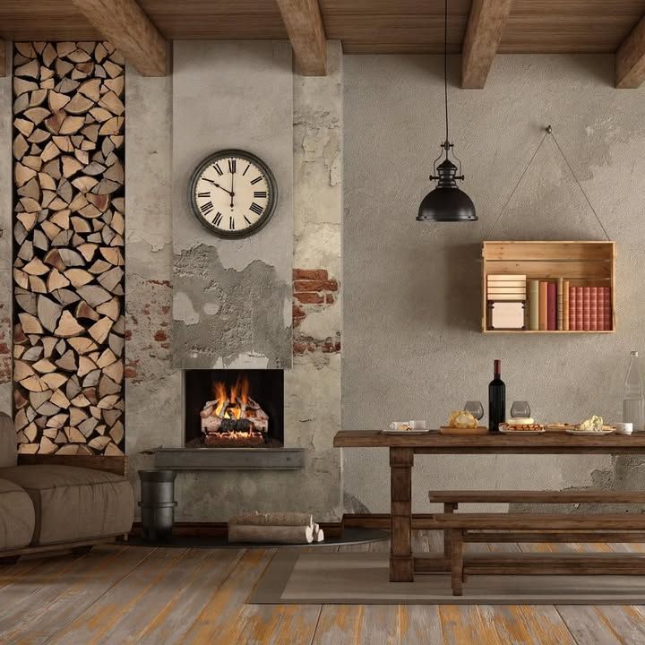 Rustic living room with a lit fireplace, wall clock, stacked firewood, and a wooden dining table by a shelf.
