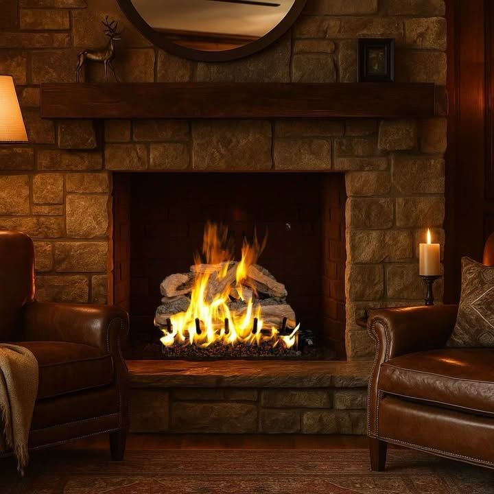 Cozy living room with a stone fireplace, burning logs, leather chairs, and candles
