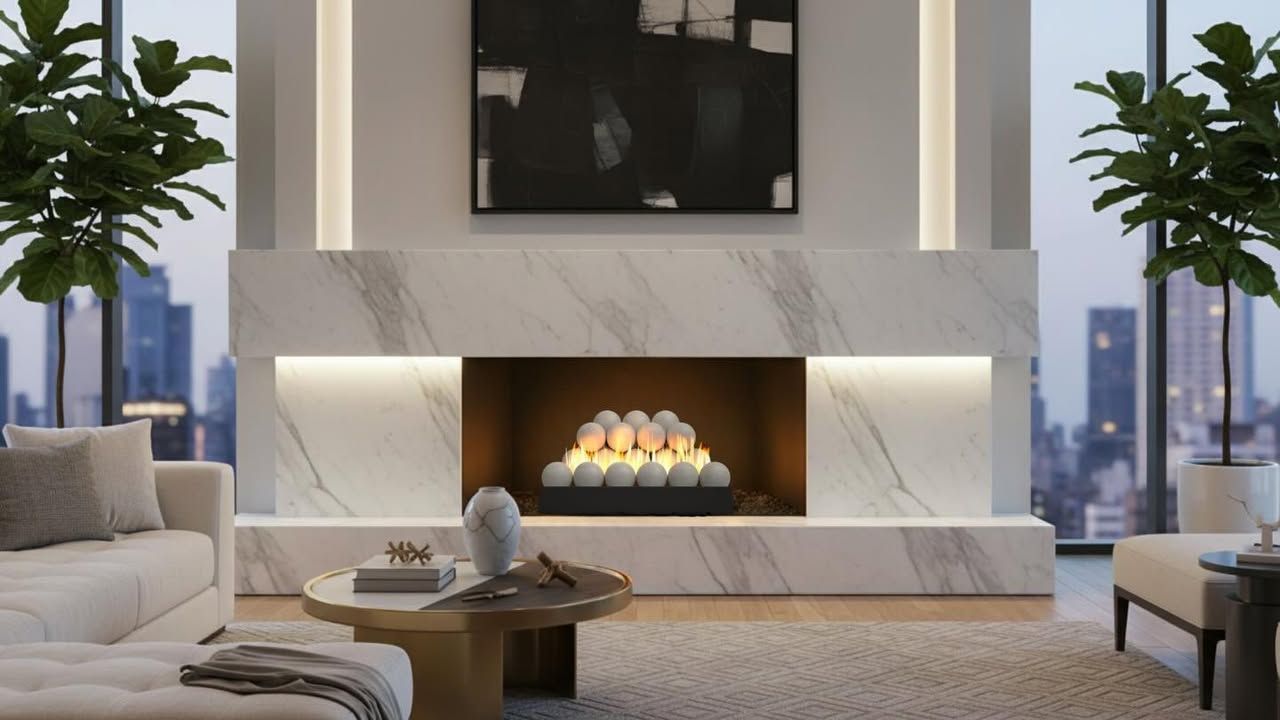 Modern living room with a white marble fireplace, wall art, sofas, and tall windows with city views