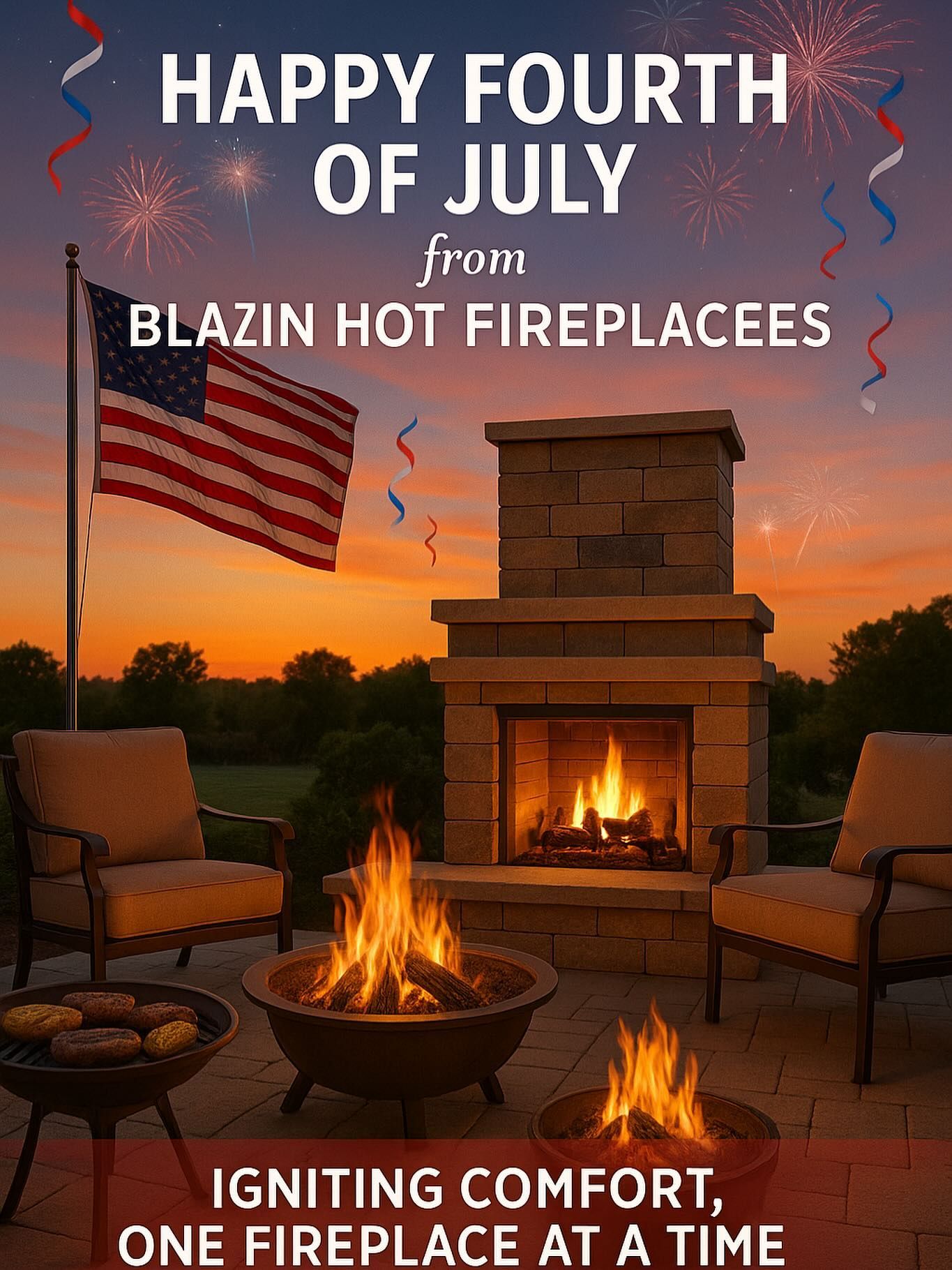 Fourth of July patio ad with fireplace, fire pit, American flag, and sunset sky