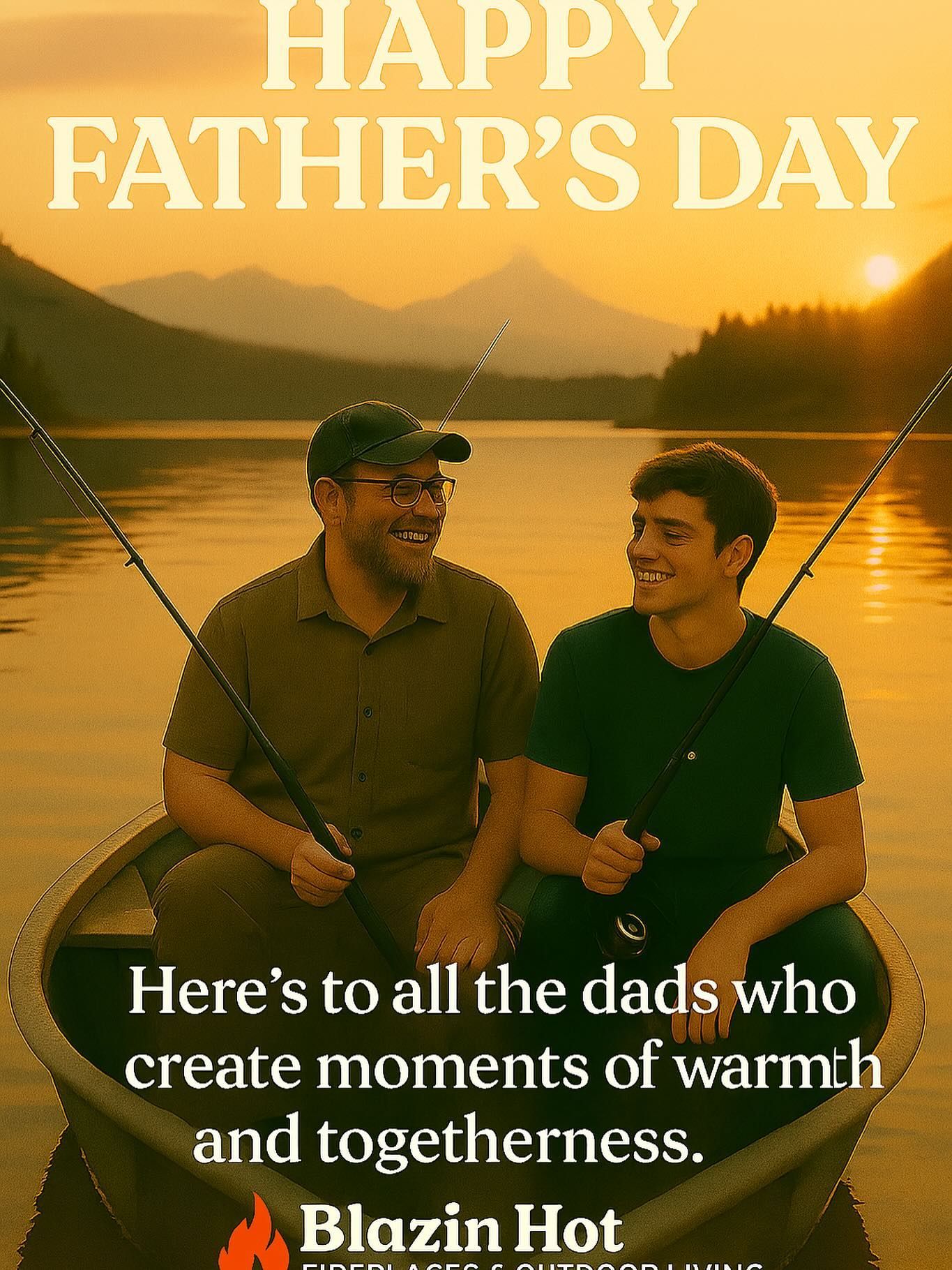 Two men fishing at sunset by a lake, with “Happy Father’s Day” and a warm message overlay.