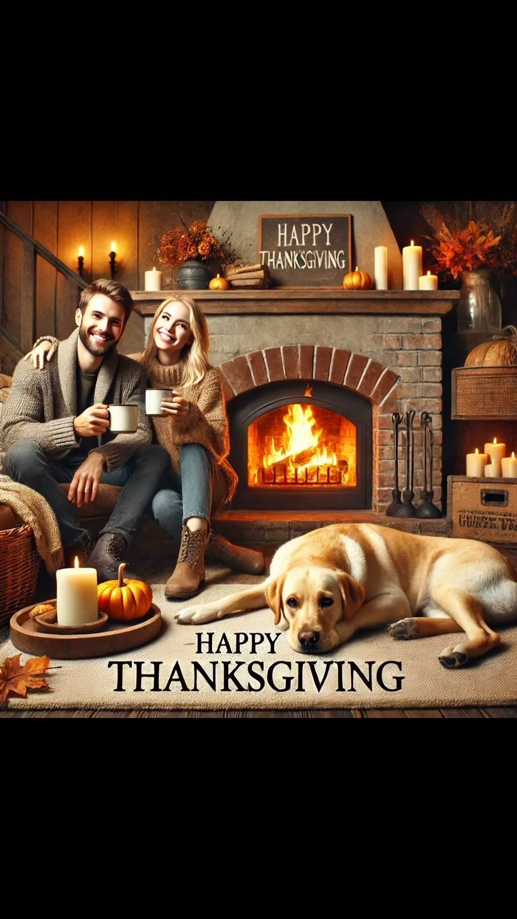 Couple and dog by a lit fireplace with pumpkins and candles, “Happy Thanksgiving” text below.