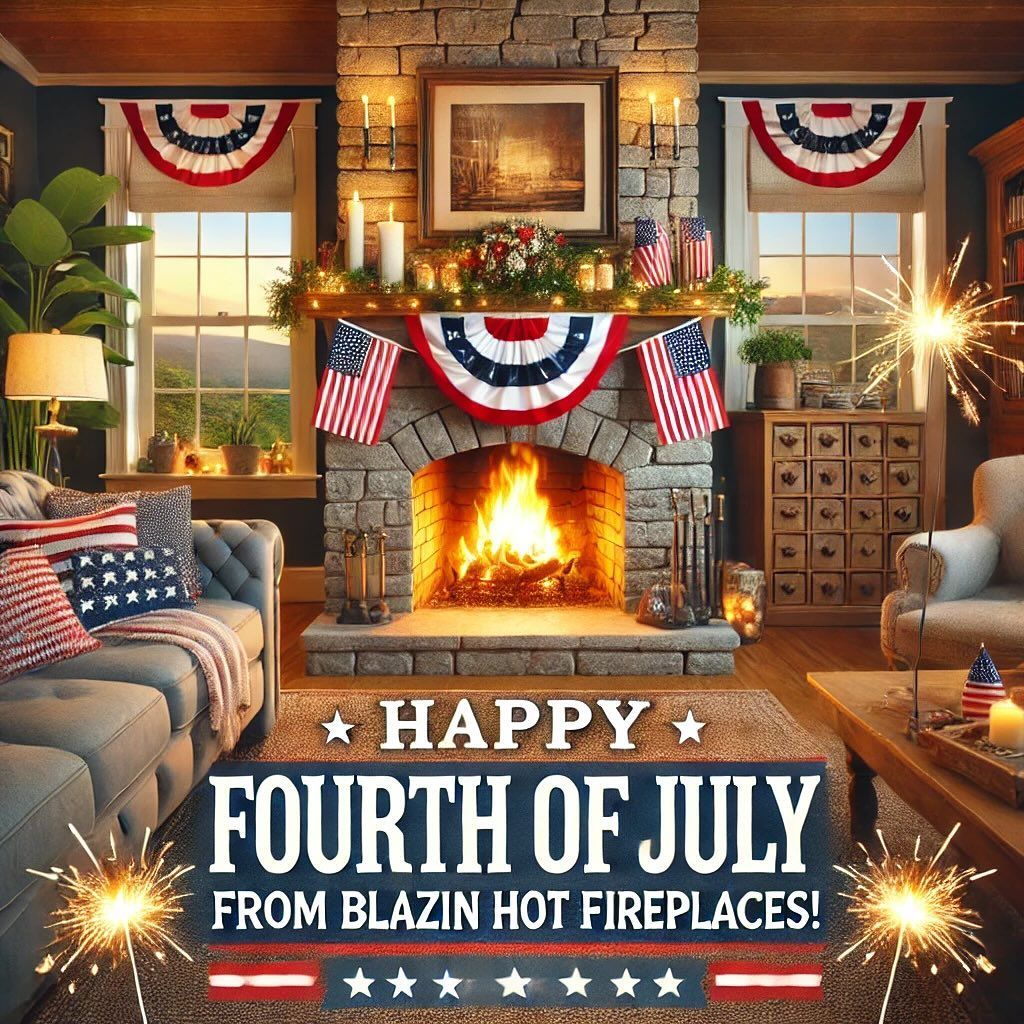 Patriotic living room with fireplace, bunting, sparklers, and “Happy Fourth of July” text