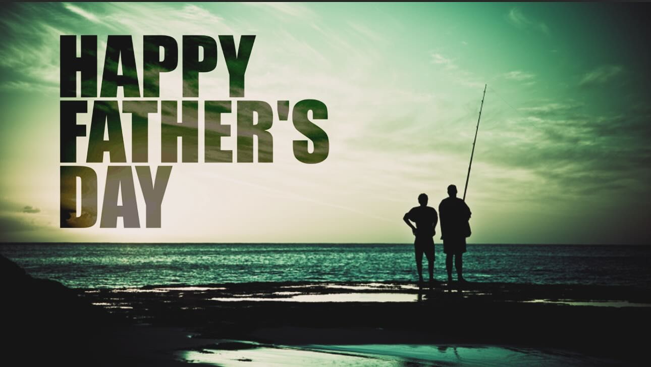 Happy Father’s Day text beside silhouettes of a father and child fishing at sunset by the water