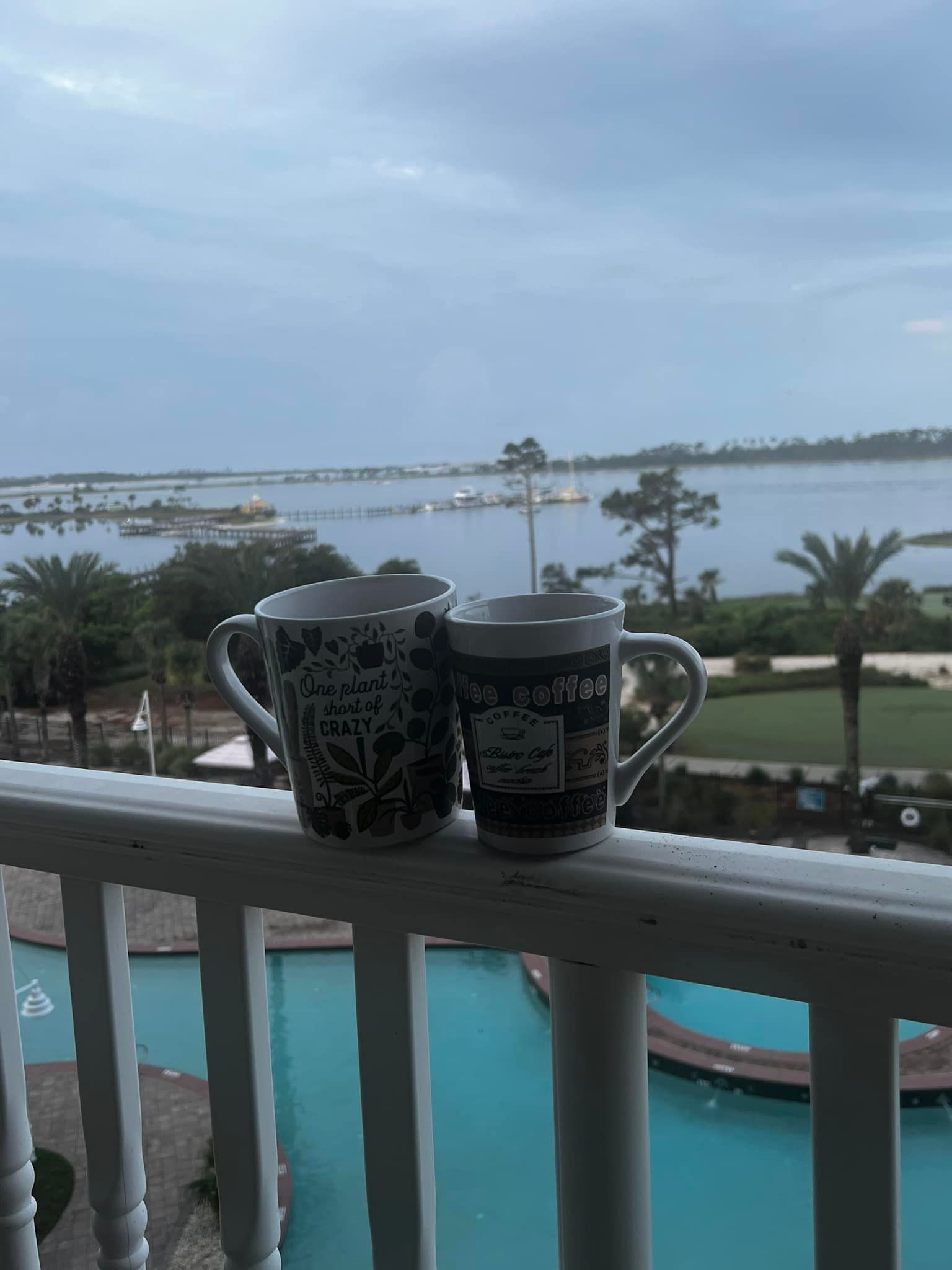 Two mugs on a balcony overlooking a pool, palm trees, and a calm waterfront at dusk