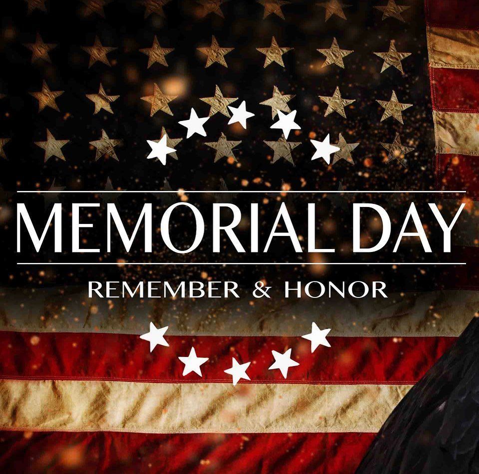 Memorial Day tribute with stars and red, white, and blue American flag background, “Remember & Honor” text