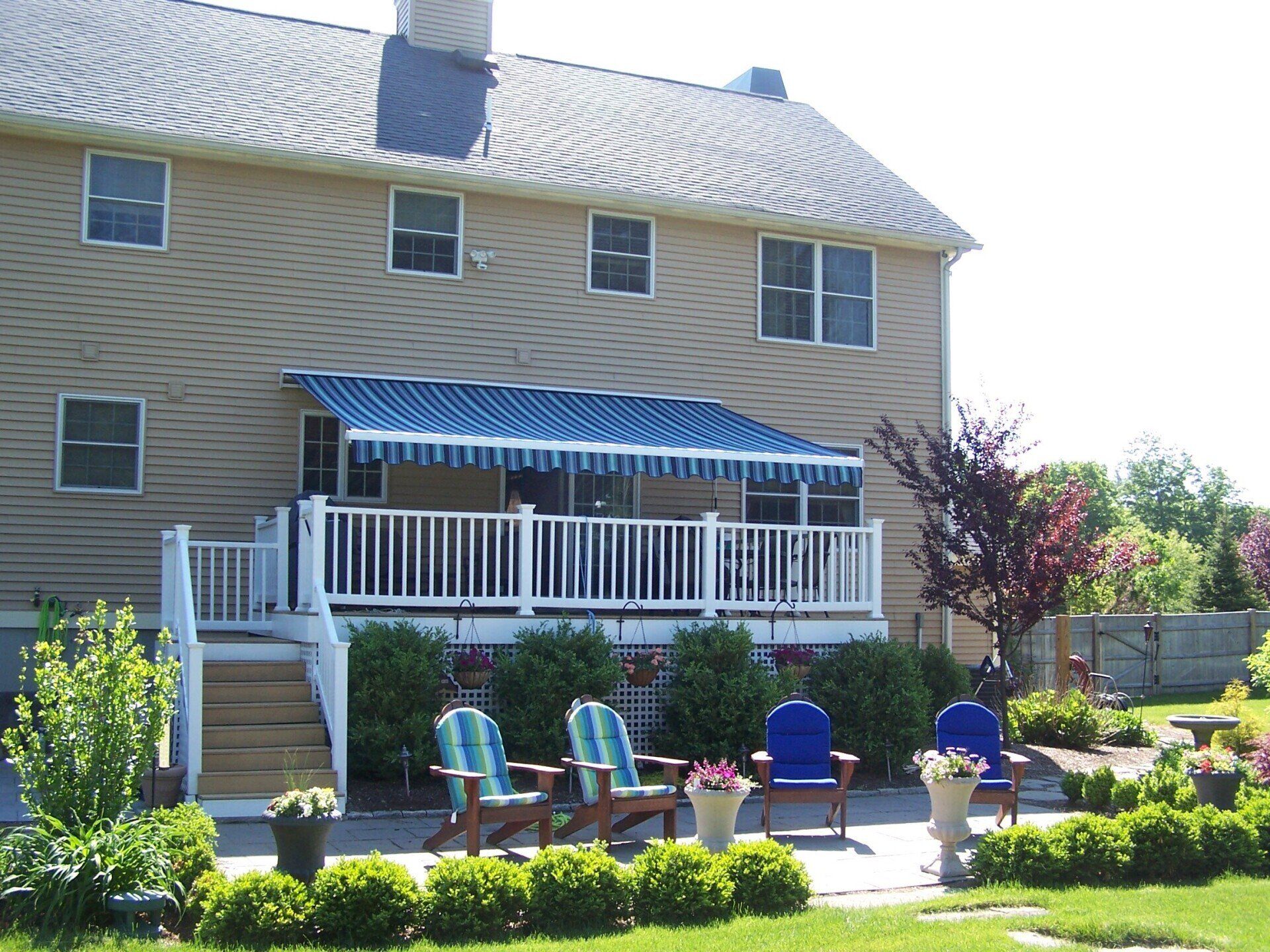 Blue and light blue stripes awning